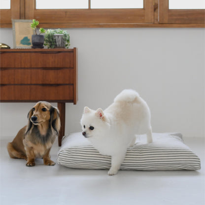 ホワイトストライプのペットベッド、リビングの明るい空間にマッチする爽やかなデザイン